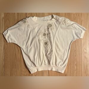 Vintage MarieaKim Bejeweled Short-Sleeved Crewneck Cream Sweatshirt, Size M